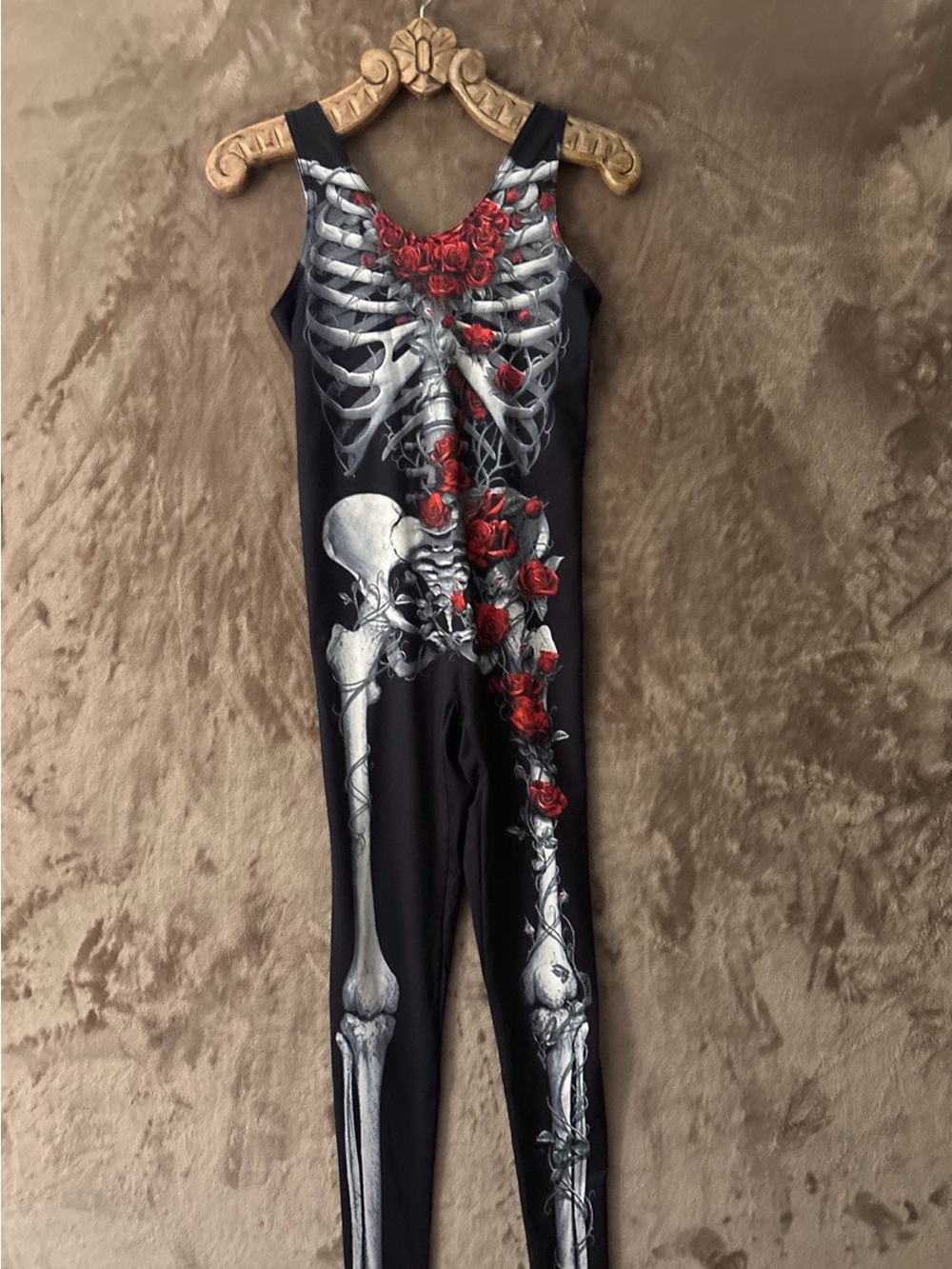 Women’s Black Skeleton Jumpsuit Bones & Red Roses Halloween Costume Size S